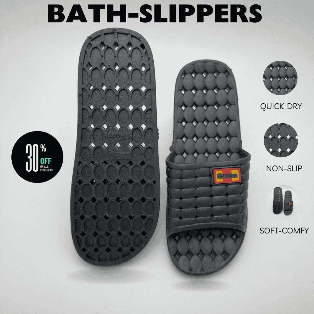 Black bath-slippers with features highlighted on a white background