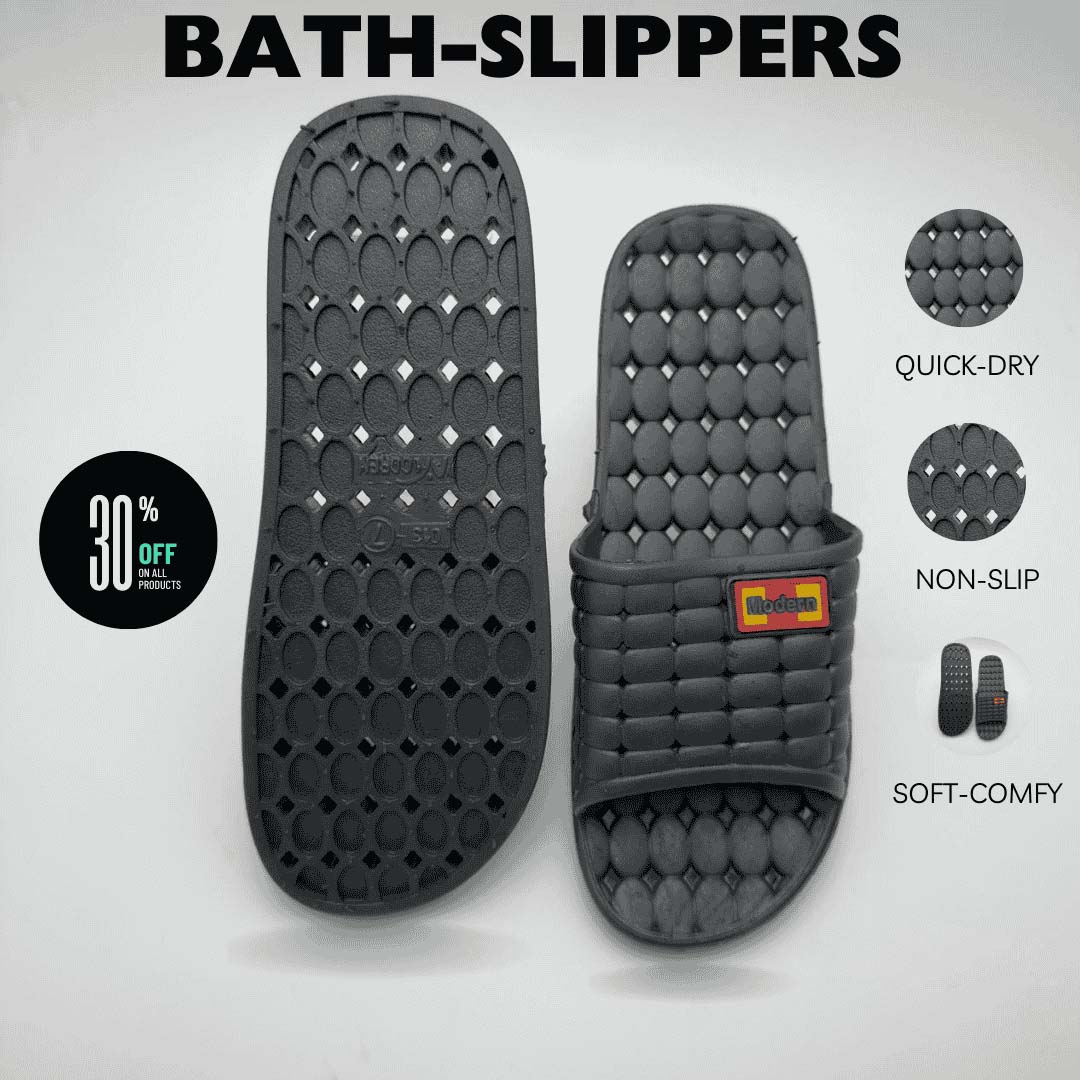 Black bath-slippers with features highlighted on a white background